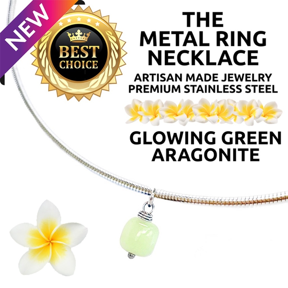 ISLAND SUNSET ARTISAN Metal Ring Necklace Stainless Steel GREEN ARAGONITE